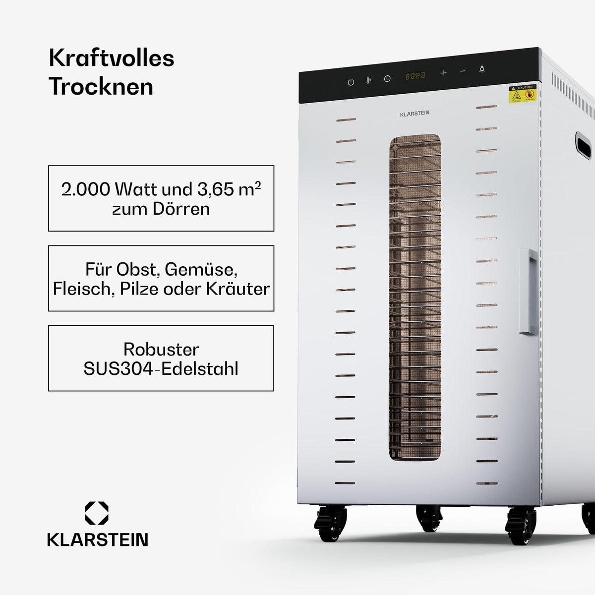 Klarstein Dörrautomat Edelstahl – 4.000-W-Dörrgerät, 48 Edelstahl-Einlegeböden, 30–90 °C, 24-Stunden-Timer, 6 Ventilatoren, 2 Trockenkammern, 50–55 dB, ideal für Obst, Gemüse, Fleisch, Kräuter, Silberw
