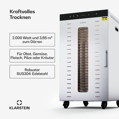 Klarstein Dörrautomat Edelstahl – 4.000-W-Dörrgerät, 48 Edelstahl-Einlegeböden, 30–90 °C, 24-Stunden-Timer, 6 Ventilatoren, 2 Trockenkammern, 50–55 dB, ideal für Obst, Gemüse, Fleisch, Kräuter, Silberw