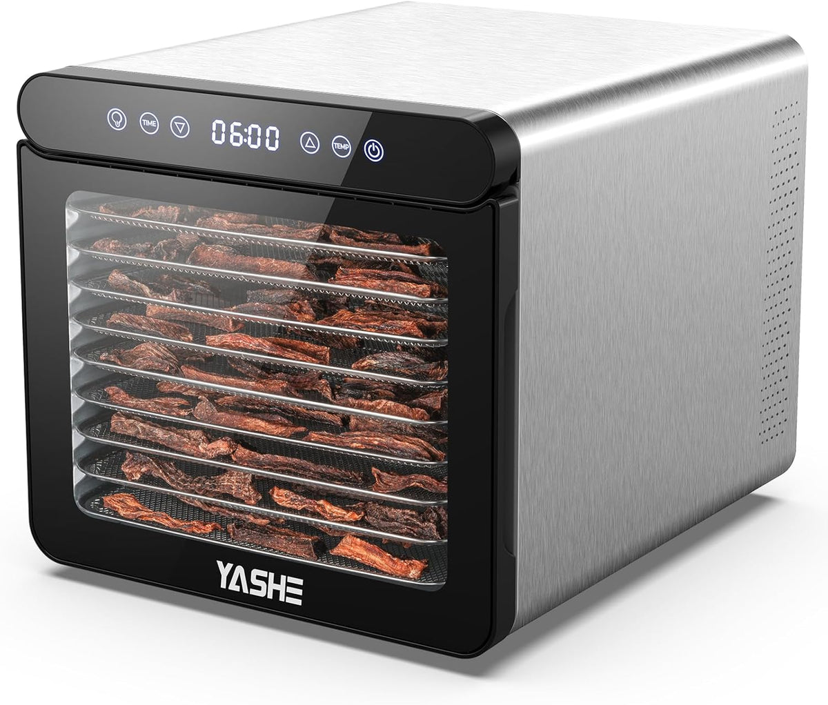 YASHE Stainless Steel Dehydrator with Digital Control (Temperature up to 75°C, Timer up to 48 Hours), 9 Trays Dehydrator for Fruit and Vegetables, Rear Fan for 360° Air Circulation, 800 Ww