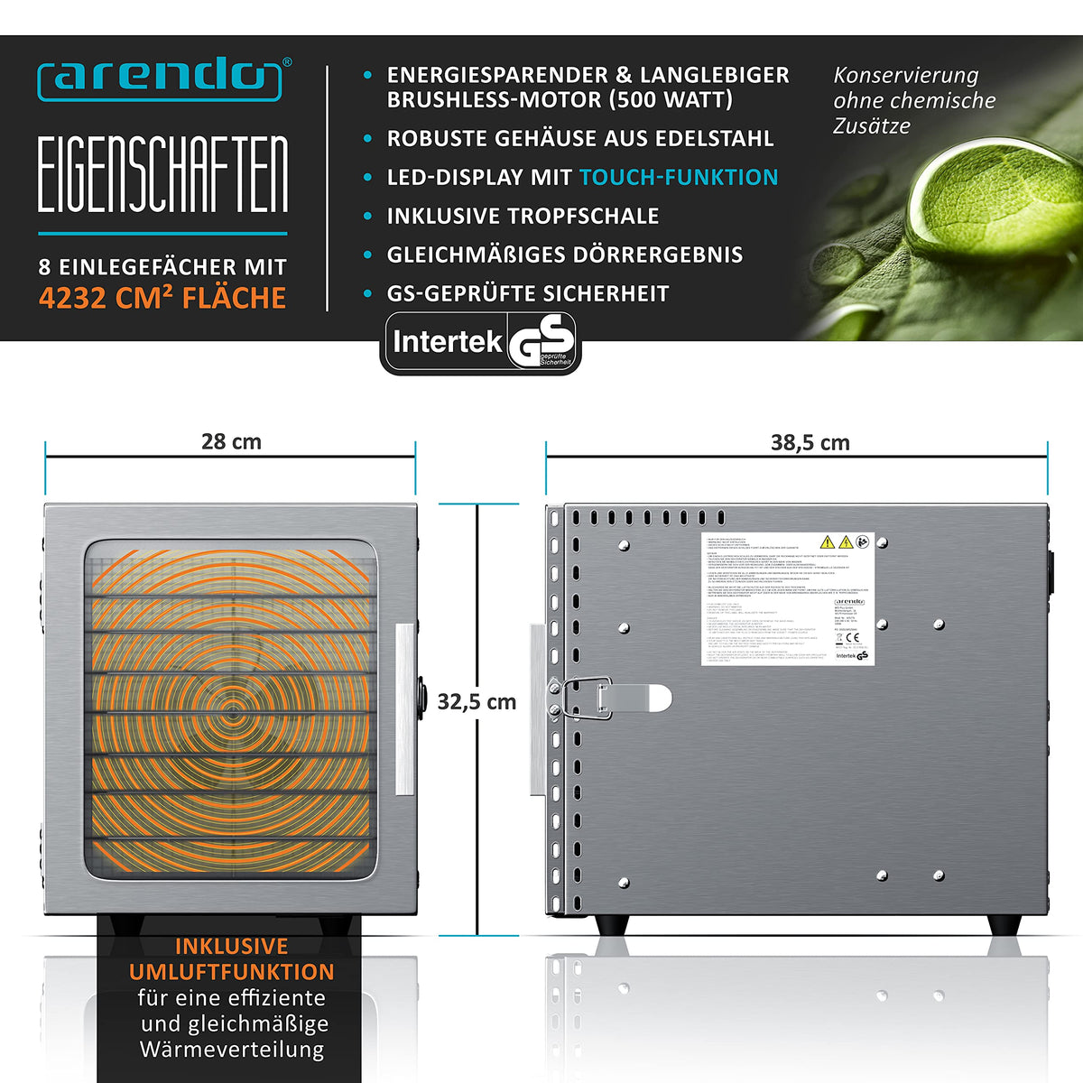 Arendo - Stainless steel dehydrator 8-fold - 500 watts with temperature control - dehydrator for food meat fruits fruit mushrooms - timer up to 24 hours - 8 compartments - GS - dehydratorw
