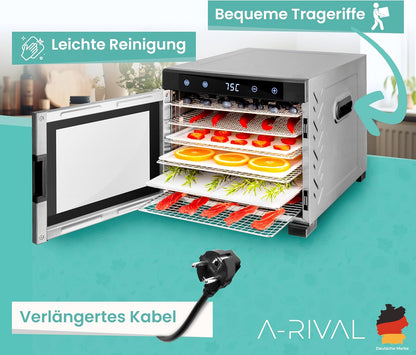 A-rival Dehydrator, Stainless Steel Dehydrator, Touch Control, Professional Dehydrator Stainless Steel, 24 Hour Timer, 6 Drying Trays + 3 Drying Mats, BPA-Free, 35 °C to 75 °C, Quiet Operation, 360°w