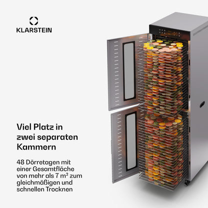 Klarstein Dörrautomat Edelstahl – 4.000-W-Dörrgerät, 48 Edelstahl-Einlegeböden, 30–90 °C, 24-Stunden-Timer, 6 Ventilatoren, 2 Trockenkammern, 50–55 dB, ideal für Obst, Gemüse, Fleisch, Kräuter, Silberw