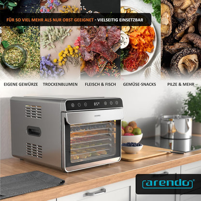 Arendo - Dörrautomat Edelstahl mit 8 Edelstahlgitter - 700 W - 35°-85°C - 8 Edelstahl Einlegetabletts mit insgesamt 6700 cm² - Dörrgerät Dehydrator Obsttrockner Dörrapparat - Obst Fleisch Pilze uvmw
