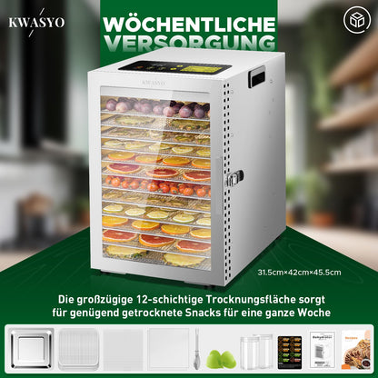 Kwasyo Dehydrator Stainless Steel, Double Fan 360° Efficient Dry, Dehydrator 12 Levels, 20-90°C Temperature Control, 24 Hour Timer, Overheating Protection, Recipe Book for Meat, Fruit, Vegetables,w