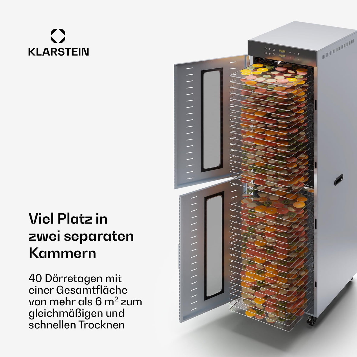 Klarstein Dörrautomat Edelstahl – 4.000-W-Dörrgerät, 48 Edelstahl-Einlegeböden, 30–90 °C, 24-Stunden-Timer, 6 Ventilatoren, 2 Trockenkammern, 50–55 dB, ideal für Obst, Gemüse, Fleisch, Kräuter, Silberw