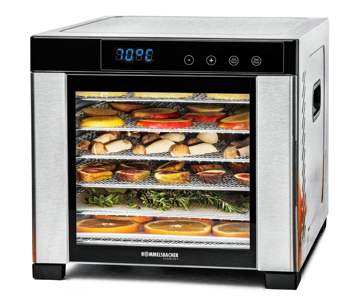 ROMMELSBACHER Dörrautomat DA 1000, XXL-Dörrfläche 1,6 m², inkl. 10 Edelstahl-Dörrtabletts, 2 Dörrgitter, 2 Dörrmatten, LED-Display, 24 Std. Zeitschaltuhr, Temperatur einstellbar (35 °C – 75 °C)w