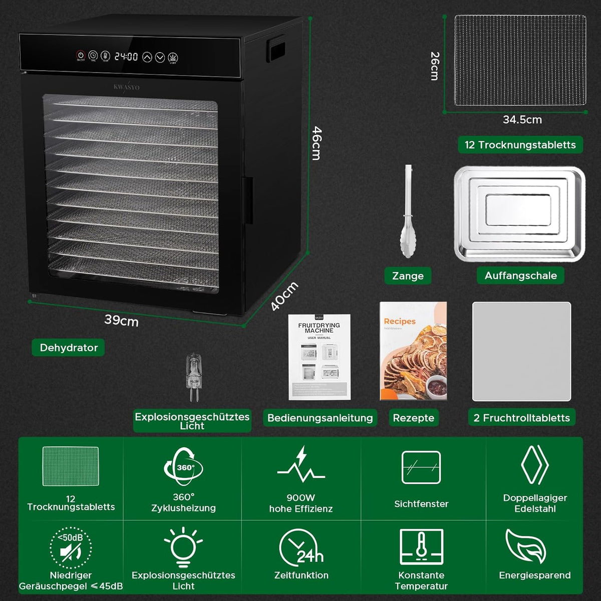 Kwasyo Dörrautomat Edelstahl, Dörrgerät 12 Etagen Ganz in Schwarz, 30-90℃ Temperaturregelung, 24 Stunden Timer, Rezeptheft für Fleisch Obst Gemüse Kräuter, 1000W, LT-09w