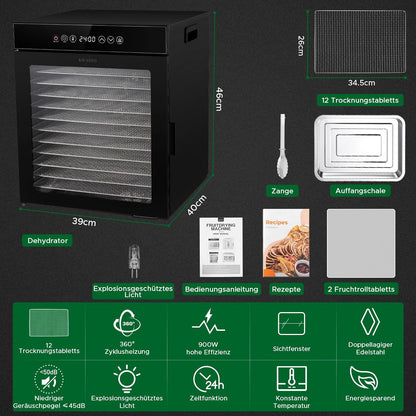 Kwasyo Dörrautomat Edelstahl, Dörrgerät 12 Etagen Ganz in Schwarz, 30-90℃ Temperaturregelung, 24 Stunden Timer, Rezeptheft für Fleisch Obst Gemüse Kräuter, 1000W, LT-09w