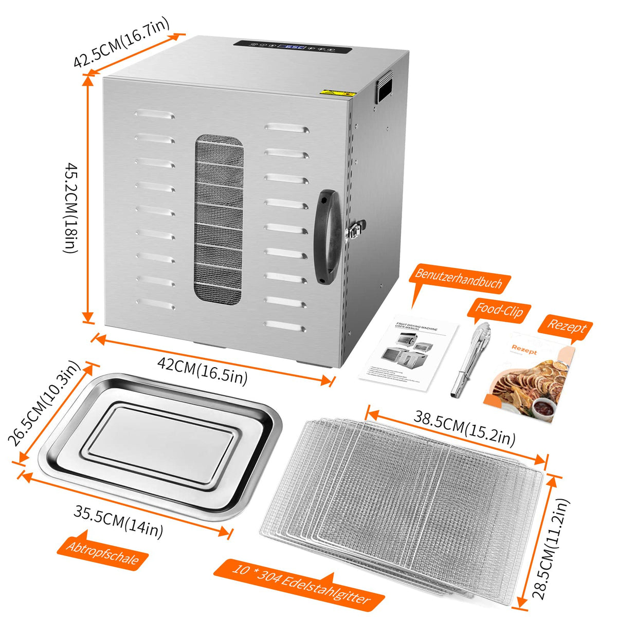Kwasyo Dörrautomat Edelstahl DA 1000, XXL-Dörrfläche 1,8 m², Dörrgerät Temperatur einstellbar 30-90℃, LED-Display, 24 Std, BPA-frei, mit Rezeptheft, 10 Edelstahl-Dörrtablettsw