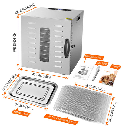 Kwasyo Dörrautomat Edelstahl DA 1000, XXL-Dörrfläche 1,8 m², Dörrgerät Temperatur einstellbar 30-90℃, LED-Display, 24 Std, BPA-frei, mit Rezeptheft, 10 Edelstahl-Dörrtablettsw