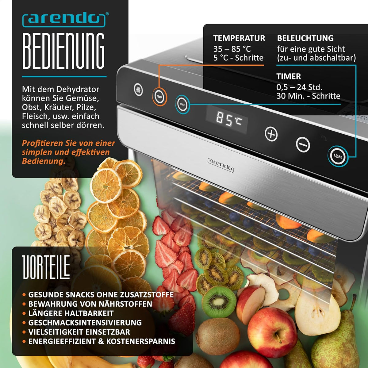 Arendo - Dörrautomat Edelstahl mit 8 Edelstahlgitter - 700 W - 35°-85°C - 8 Edelstahl Einlegetabletts mit insgesamt 6700 cm² - Dörrgerät Dehydrator Obsttrockner Dörrapparat - Obst Fleisch Pilze uvmw