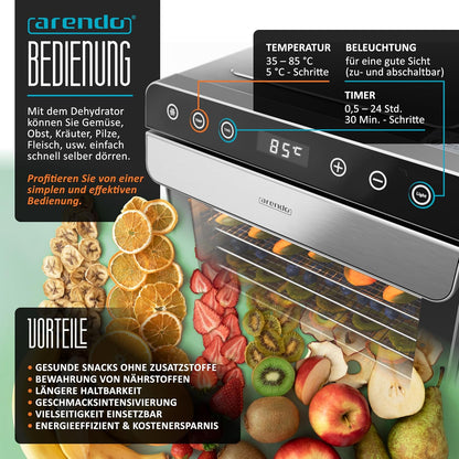 Arendo - Dörrautomat Edelstahl mit 8 Edelstahlgitter - 700 W - 35°-85°C - 8 Edelstahl Einlegetabletts mit insgesamt 6700 cm² - Dörrgerät Dehydrator Obsttrockner Dörrapparat - Obst Fleisch Pilze uvmw