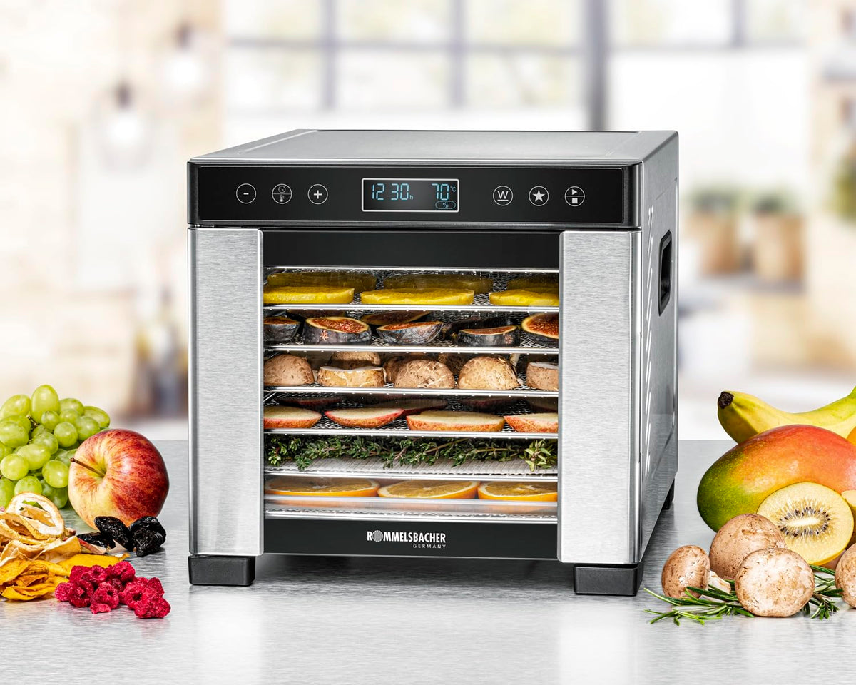 ROMMELSBACHER Dörrautomat DA 1000, XXL-Dörrfläche 1,6 m², inkl. 10 Edelstahl-Dörrtabletts, 2 Dörrgitter, 2 Dörrmatten, LED-Display, 24 Std. Zeitschaltuhr, Temperatur einstellbar (35 °C – 75 °C)w