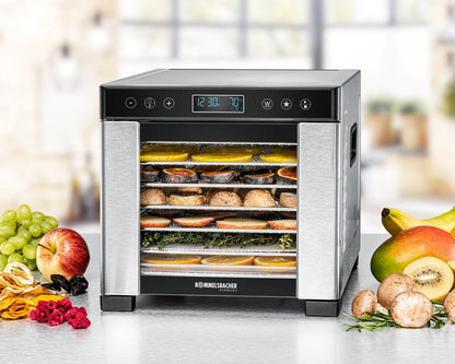 ROMMELSBACHER Dörrautomat DA 1000, XXL-Dörrfläche 1,6 m², inkl. 10 Edelstahl-Dörrtabletts, 2 Dörrgitter, 2 Dörrmatten, LED-Display, 24 Std. Zeitschaltuhr, Temperatur einstellbar (35 °C – 75 °C)w