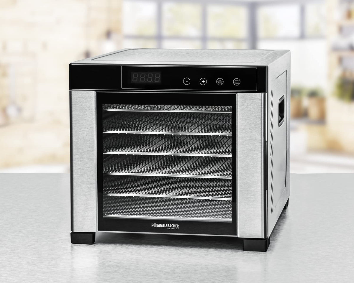 ROMMELSBACHER Dörrautomat DA 1000, XXL-Dörrfläche 1,6 m², inkl. 10 Edelstahl-Dörrtabletts, 2 Dörrgitter, 2 Dörrmatten, LED-Display, 24 Std. Zeitschaltuhr, Temperatur einstellbar (35 °C – 75 °C)w