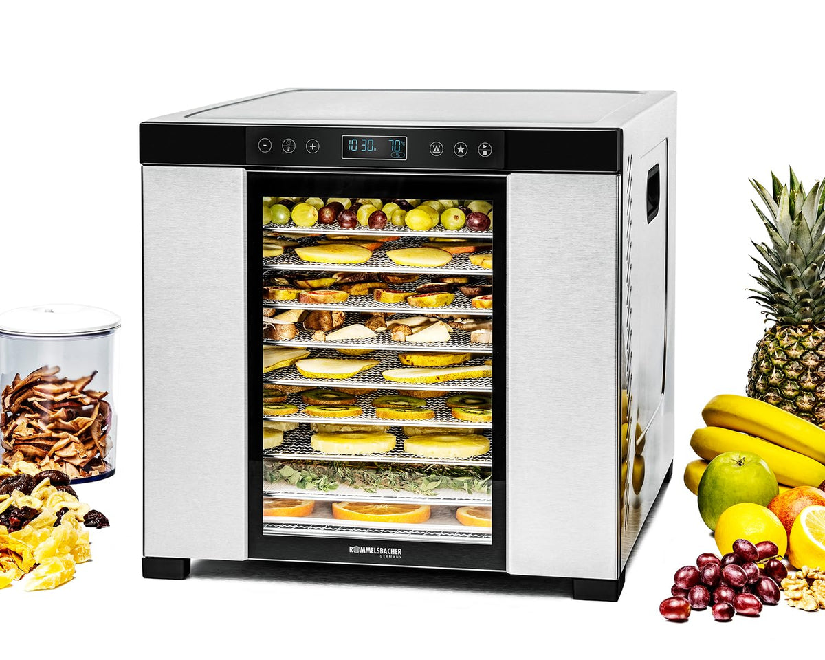 ROMMELSBACHER Dörrautomat DA 1000, XXL-Dörrfläche 1,6 m², inkl. 10 Edelstahl-Dörrtabletts, 2 Dörrgitter, 2 Dörrmatten, LED-Display, 24 Std. Zeitschaltuhr, Temperatur einstellbar (35 °C – 75 °C)w