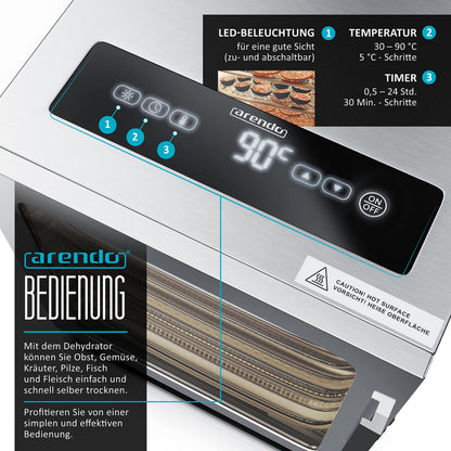 Arendo - Stainless steel dehydrator 8-fold - 500 watts with temperature control - dehydrator for food meat fruits fruit mushrooms - timer up to 24 hours - 8 compartments - GS - dehydratorw