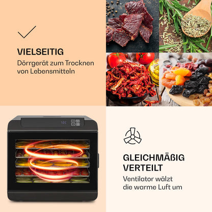 Klarstein Arizona Jerky Dörrautomat - Dörrgerät, Dehydrator, trocknet Obst, Fleisch und Früchte, 500 Watt, 35-70°C, 6 spülmaschinenfeste Einlagefächer, kurze Trockenzeit, Touch-Display, schwarzw