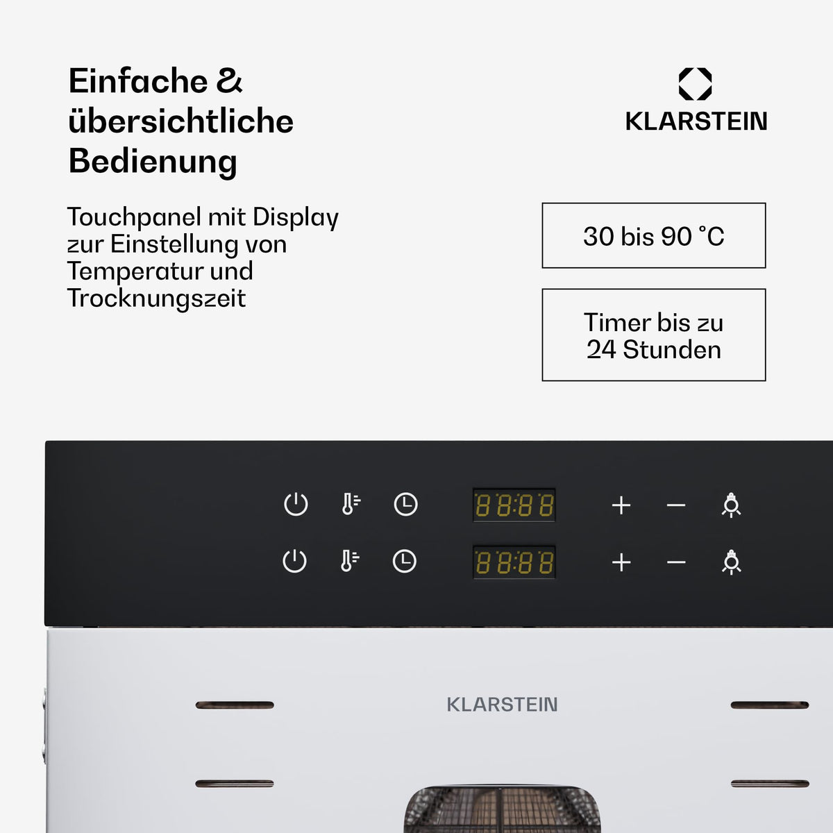 Klarstein Dörrautomat Edelstahl – 4.000-W-Dörrgerät, 48 Edelstahl-Einlegeböden, 30–90 °C, 24-Stunden-Timer, 6 Ventilatoren, 2 Trockenkammern, 50–55 dB, ideal für Obst, Gemüse, Fleisch, Kräuter, Silberw