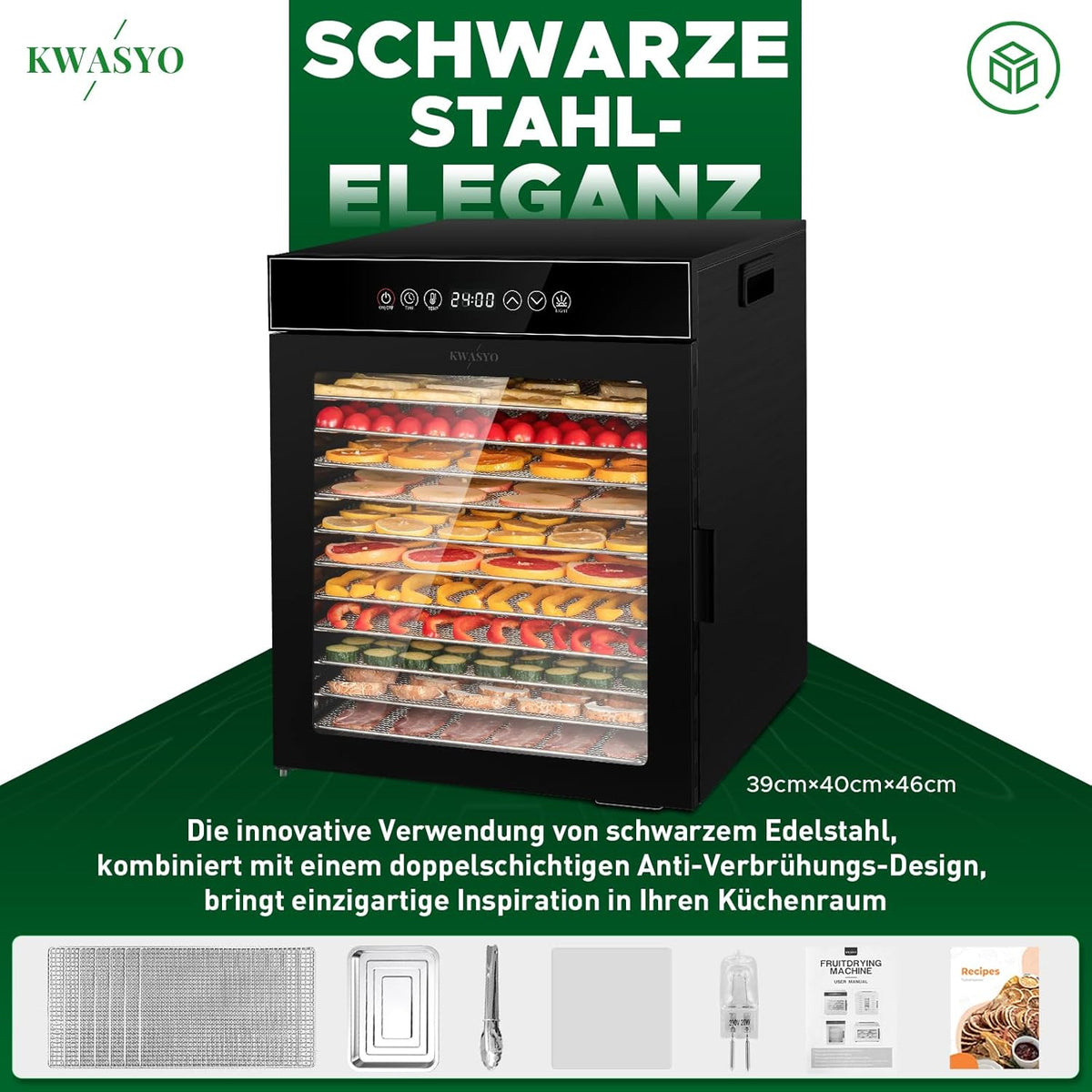 Kwasyo Dörrautomat Edelstahl, Dörrgerät 12 Etagen Ganz in Schwarz, 30-90℃ Temperaturregelung, 24 Stunden Timer, Rezeptheft für Fleisch Obst Gemüse Kräuter, 1000W, LT-09w