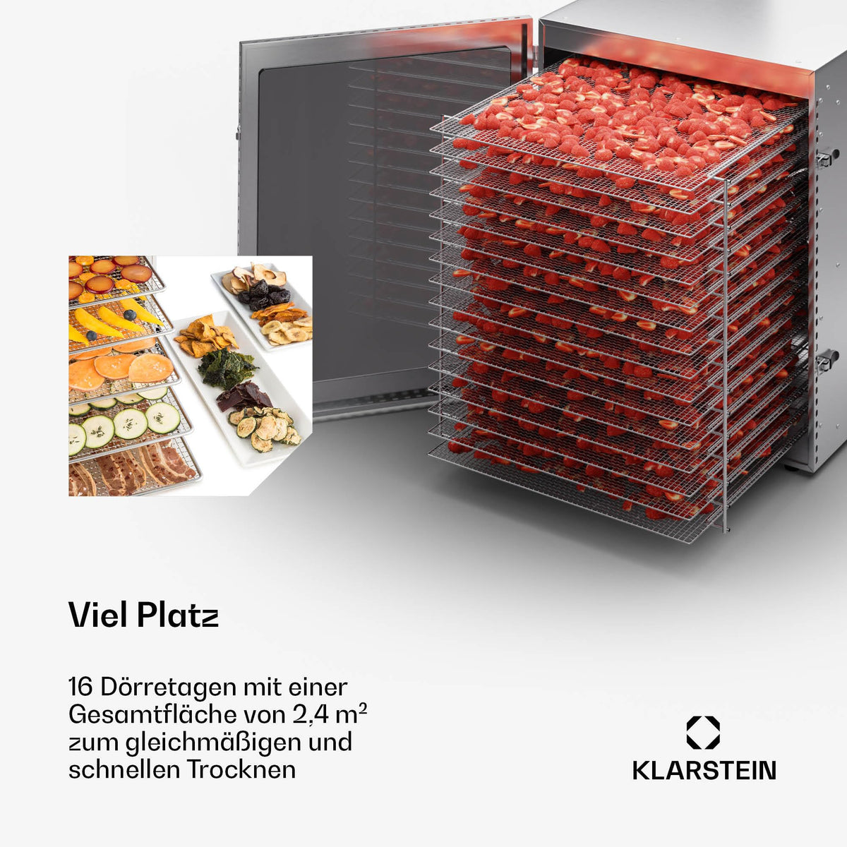 Klarstein Dörrgerät, Dörrautomat für Gemüse, Obst, Pilze & Fleisch, 1500W Edelstahl-Dörrautomat, Trockenautomat mit 16 Metallgitter, Dörrgerät mit 24H Timer & Touch-Display, Food Dehydratorw