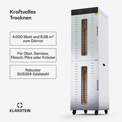 Klarstein Dörrautomat Edelstahl – 4.000-W-Dörrgerät, 48 Edelstahl-Einlegeböden, 30–90 °C, 24-Stunden-Timer, 6 Ventilatoren, 2 Trockenkammern, 50–55 dB, ideal für Obst, Gemüse, Fleisch, Kräuter, Silberw