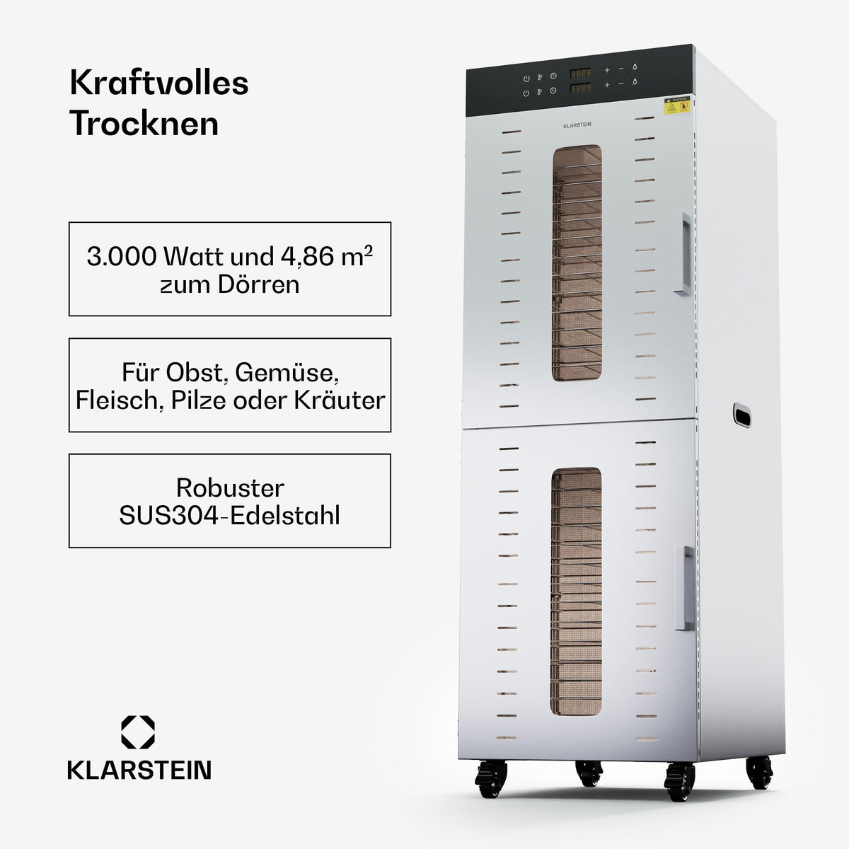 Klarstein Dörrautomat Edelstahl – 4.000-W-Dörrgerät, 48 Edelstahl-Einlegeböden, 30–90 °C, 24-Stunden-Timer, 6 Ventilatoren, 2 Trockenkammern, 50–55 dB, ideal für Obst, Gemüse, Fleisch, Kräuter, Silberw