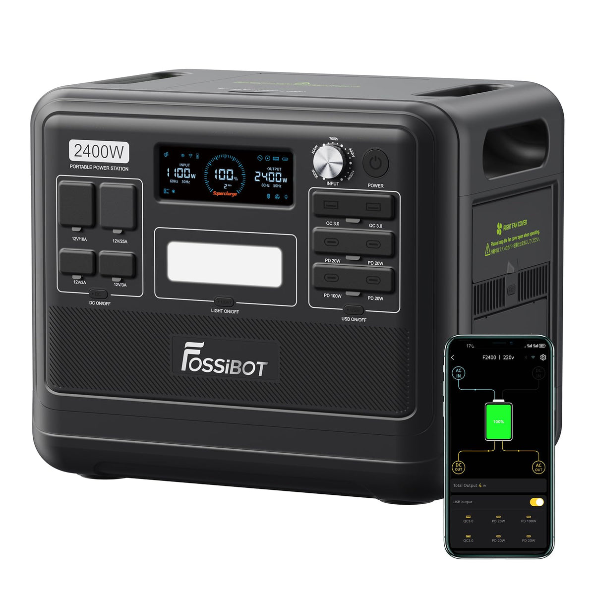 FOSSIBOT F2400 Powerstation 2400W (4800W Peak) mit 200W Solarpanelf