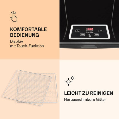Klarstein Dörrautomat, Dörrgerät, Food Dehydrator, Dörrautomat aus Metall, Dehydrator Food Dryer, 9 Ablagen, 700 Watt, Touch-Display, Timer, Edelstahlheizelement, HotAir Circulation System, Schwarzw