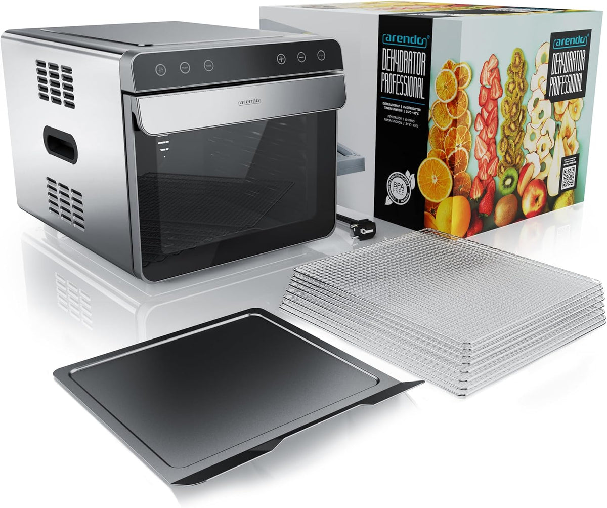 Arendo - Dörrautomat Edelstahl mit 8 Edelstahlgitter - 700 W - 35°-85°C - 8 Edelstahl Einlegetabletts mit insgesamt 6700 cm² - Dörrgerät Dehydrator Obsttrockner Dörrapparat - Obst Fleisch Pilze uvmw