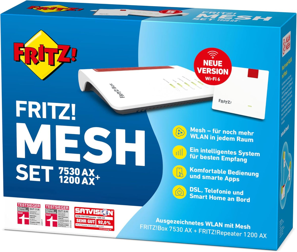 FRITZ!Mesh Set – 7530 AX Wi-Fi 6 Router + 1200 AX Repeater, bis 2.400 MBit/sw