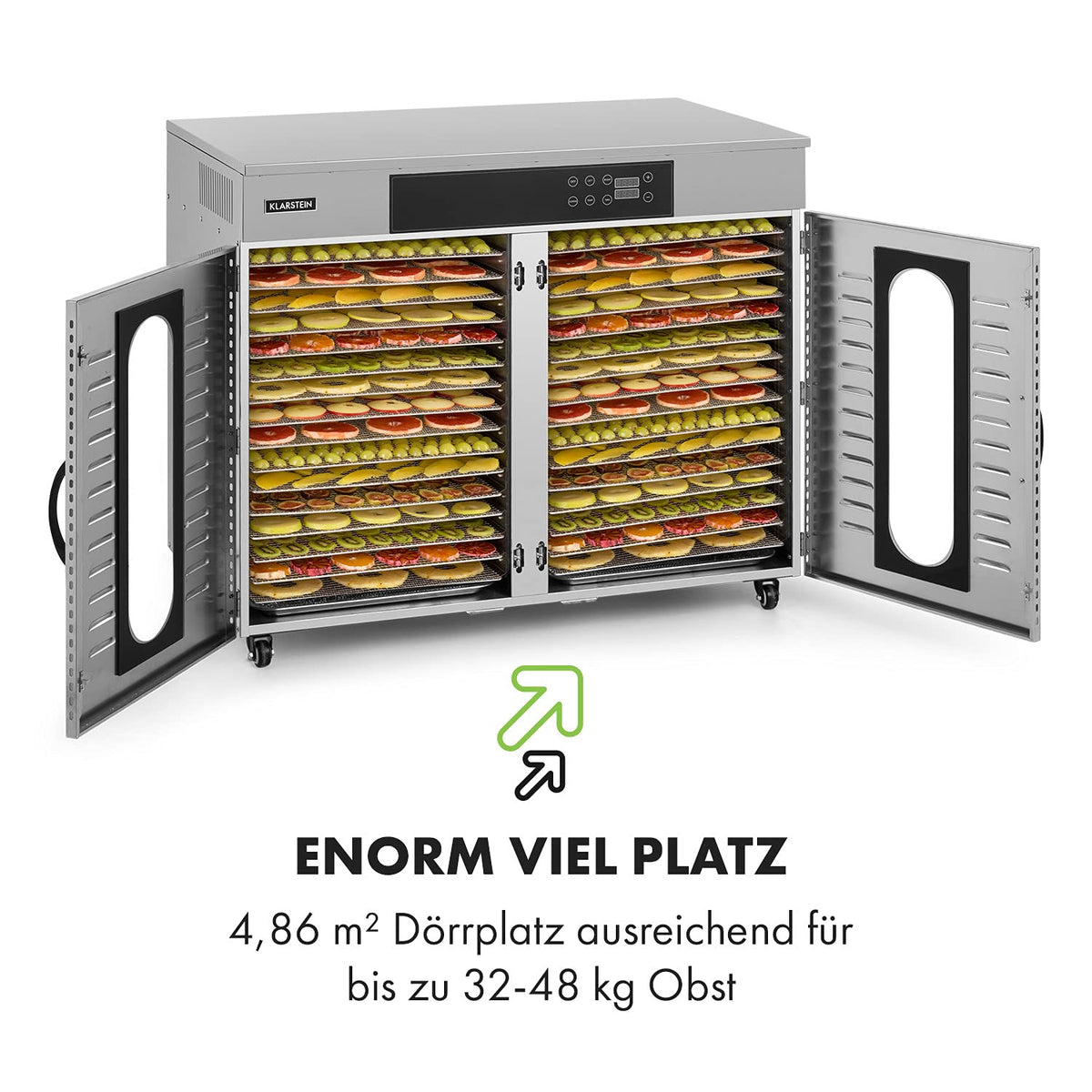 Klarstein Dörrautomat Edelstahl – 4.000-W-Dörrgerät, 48 Edelstahl-Einlegeböden, 30–90 °C, 24-Stunden-Timer, 6 Ventilatoren, 2 Trockenkammern, 50–55 dB, ideal für Obst, Gemüse, Fleisch, Kräuter, Silberw