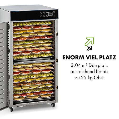 Klarstein Dörrautomat Edelstahl – 4.000-W-Dörrgerät, 48 Edelstahl-Einlegeböden, 30–90 °C, 24-Stunden-Timer, 6 Ventilatoren, 2 Trockenkammern, 50–55 dB, ideal für Obst, Gemüse, Fleisch, Kräuter, Silberw
