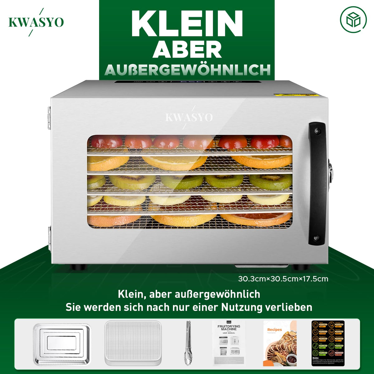Kwasyo Dörrautomat Edelstahl DA 1000, XXL-Dörrfläche 1,8 m², Dörrgerät Temperatur einstellbar 30-90℃, LED-Display, 24 Std, BPA-frei, mit Rezeptheft, 10 Edelstahl-Dörrtablettsw
