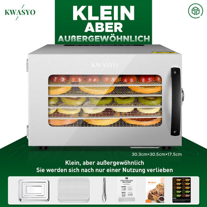 Kwasyo Dörrautomat Edelstahl DA 1000, XXL-Dörrfläche 1,8 m², Dörrgerät Temperatur einstellbar 30-90℃, LED-Display, 24 Std, BPA-frei, mit Rezeptheft, 10 Edelstahl-Dörrtablettsw