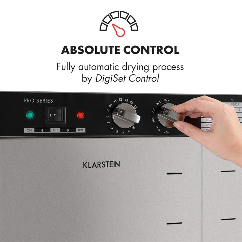Klarstein Dörrautomat Edelstahl – 4.000-W-Dörrgerät, 48 Edelstahl-Einlegeböden, 30–90 °C, 24-Stunden-Timer, 6 Ventilatoren, 2 Trockenkammern, 50–55 dB, ideal für Obst, Gemüse, Fleisch, Kräuter, Silberw