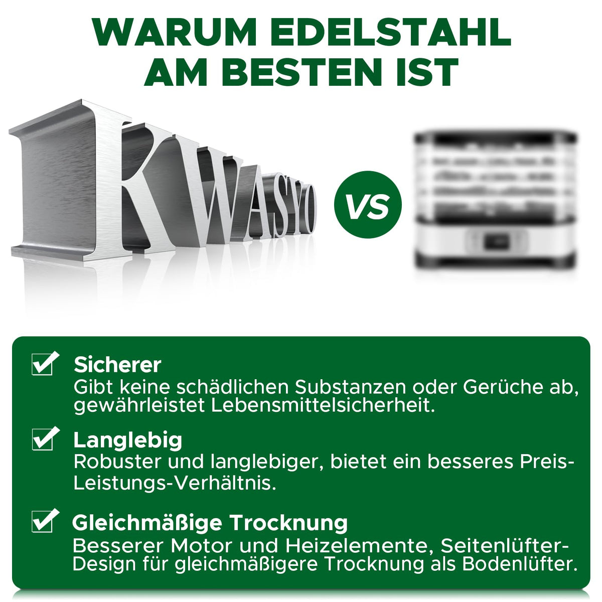 Kwasyo Dörrautomat Edelstahl DA 1000, XXL-Dörrfläche 1,8 m², Dörrgerät Temperatur einstellbar 30-90℃, LED-Display, 24 Std, BPA-frei, mit Rezeptheft, 10 Edelstahl-Dörrtablettsw