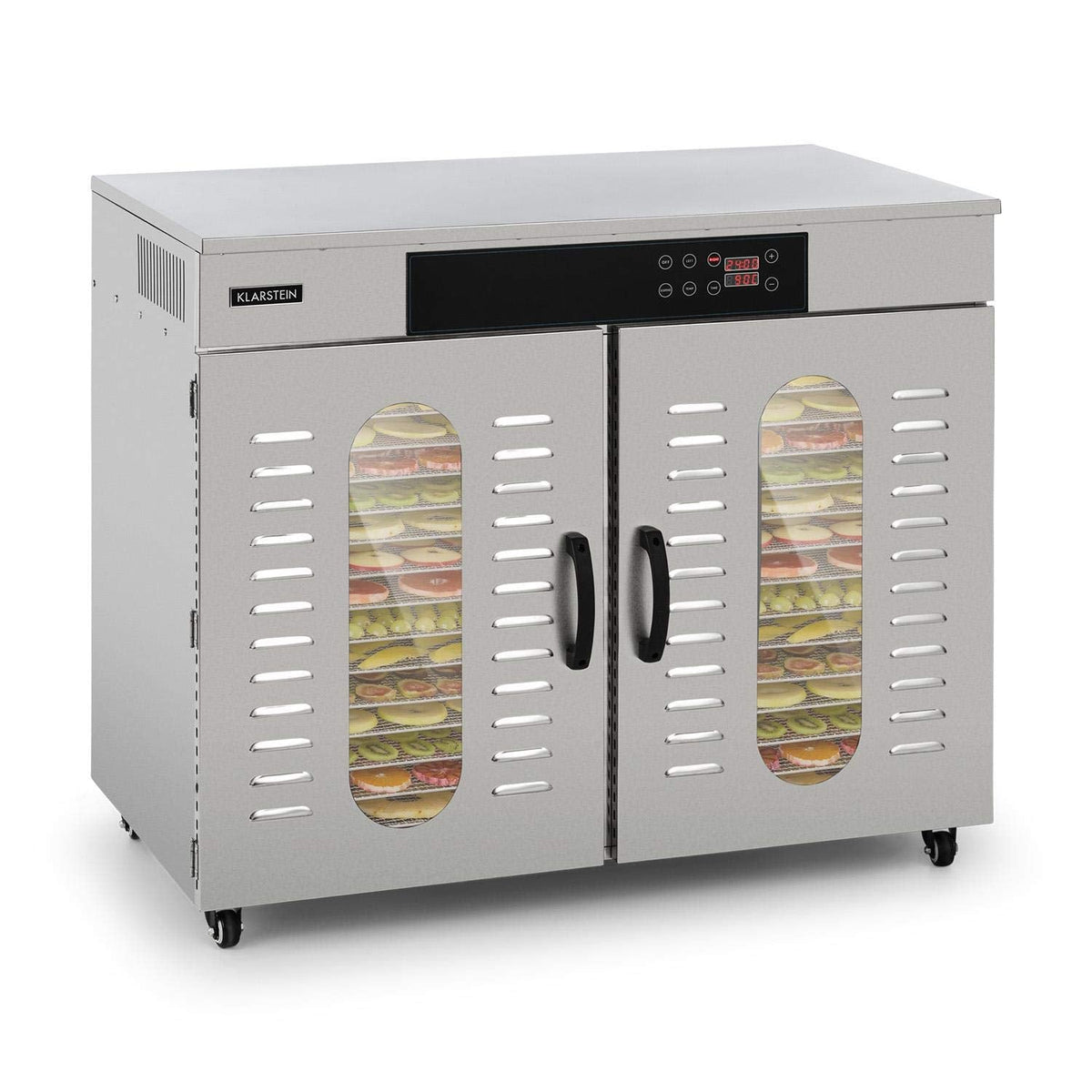 Klarstein Dörrautomat Edelstahl – 4.000-W-Dörrgerät, 48 Edelstahl-Einlegeböden, 30–90 °C, 24-Stunden-Timer, 6 Ventilatoren, 2 Trockenkammern, 50–55 dB, ideal für Obst, Gemüse, Fleisch, Kräuter, Silberw