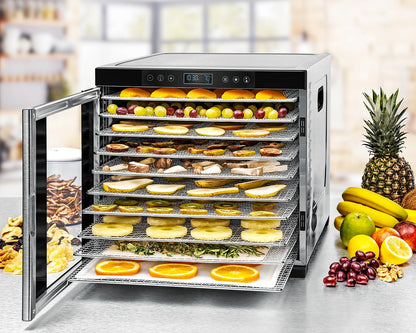 ROMMELSBACHER Dörrautomat DA 1000, XXL-Dörrfläche 1,6 m², inkl. 10 Edelstahl-Dörrtabletts, 2 Dörrgitter, 2 Dörrmatten, LED-Display, 24 Std. Zeitschaltuhr, Temperatur einstellbar (35 °C – 75 °C)w