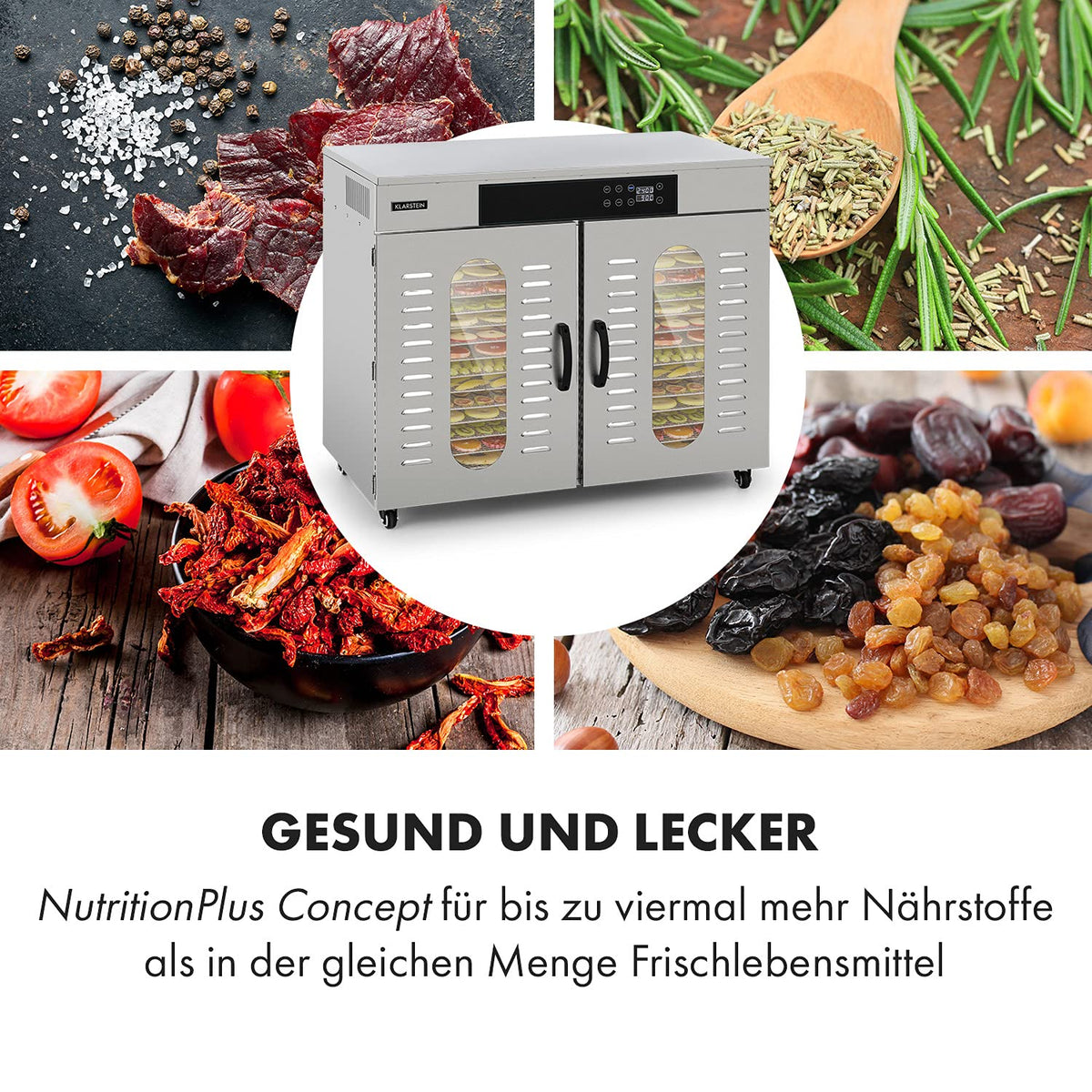 Klarstein Dörrautomat Edelstahl – 4.000-W-Dörrgerät, 48 Edelstahl-Einlegeböden, 30–90 °C, 24-Stunden-Timer, 6 Ventilatoren, 2 Trockenkammern, 50–55 dB, ideal für Obst, Gemüse, Fleisch, Kräuter, Silberw