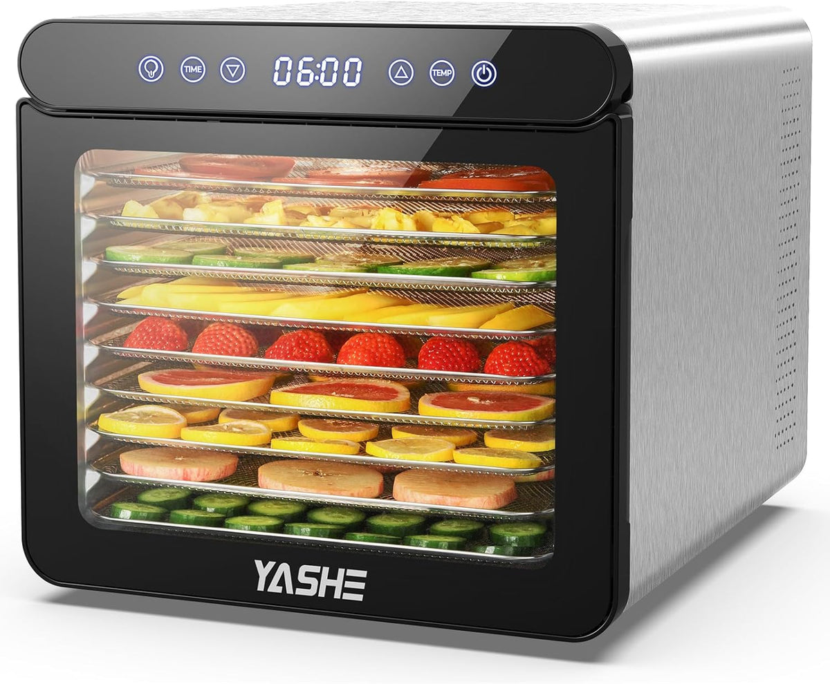YASHE Stainless Steel Dehydrator with Digital Control (Temperature up to 75°C, Timer up to 48 Hours), 9 Trays Dehydrator for Fruit and Vegetables, Rear Fan for 360° Air Circulation, 800 Ww