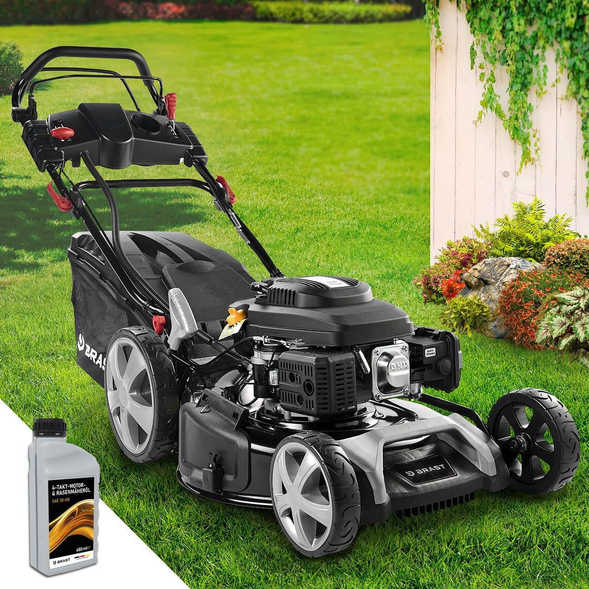 BRAST® Benzin Rasenmäher mit Antrieb | 5,2kW (7PS) | 55cm Schnittbreite | viele Modelle | TÜV | 30-80mm Schnitthöhe | 60L Fangkorb | 4 Takt OHV Motor | Stahlgehäuse | Speedf