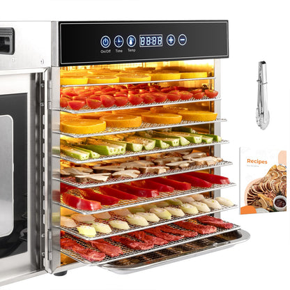 Kwasyo Dörrautomat Edelstahl DA 1000, XXL-Dörrfläche 1,8 m², Dörrgerät Temperatur einstellbar 30-90℃, LED-Display, 24 Std, BPA-frei, mit Rezeptheft, 10 Edelstahl-Dörrtablettsw