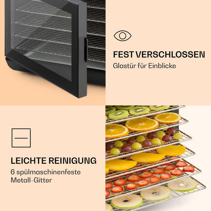Klarstein Arizona Jerky Dörrautomat - Dörrgerät, Dehydrator, trocknet Obst, Fleisch und Früchte, 500 Watt, 35-70°C, 6 spülmaschinenfeste Einlagefächer, kurze Trockenzeit, Touch-Display, schwarzw