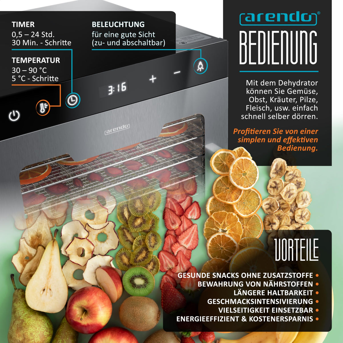 Arendo - Stainless steel dehydrator 8-fold - 500 watts with temperature control - dehydrator for food meat fruits fruit mushrooms - timer up to 24 hours - 8 compartments - GS - dehydratorw